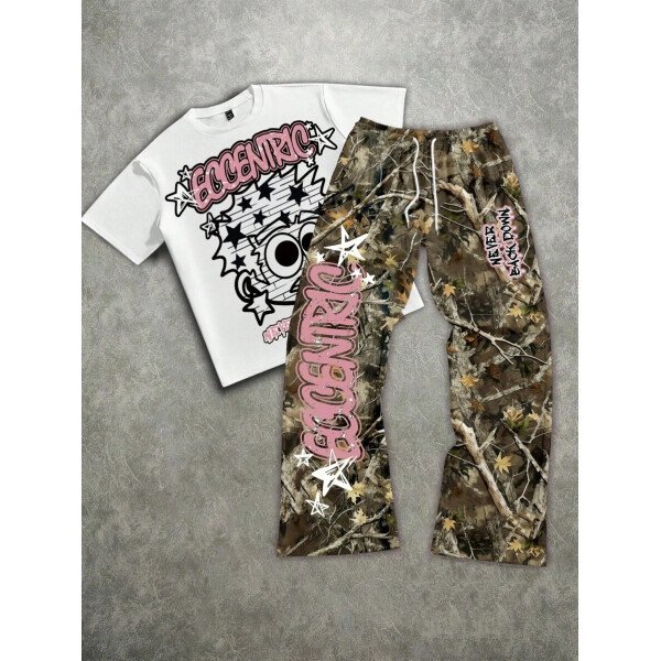 Manfinity ZONE917 Conjunto de camiseta de manga corta y pantalones con estampado de letras y personajes de dibujos animados para hombre, de corte holgado - Imagen 41