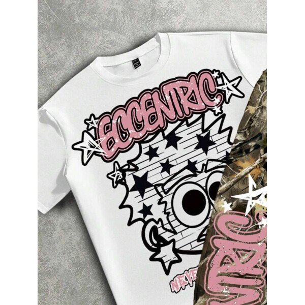 Manfinity ZONE917 Conjunto de camiseta de manga corta y pantalones con estampado de letras y personajes de dibujos animados para hombre, de corte holgado - Imagen 42