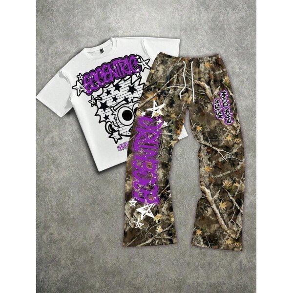 Manfinity ZONE917 Conjunto de camiseta de manga corta y pantalones con estampado de letras y personajes de dibujos animados para hombre, de corte holgado - Imagen 45