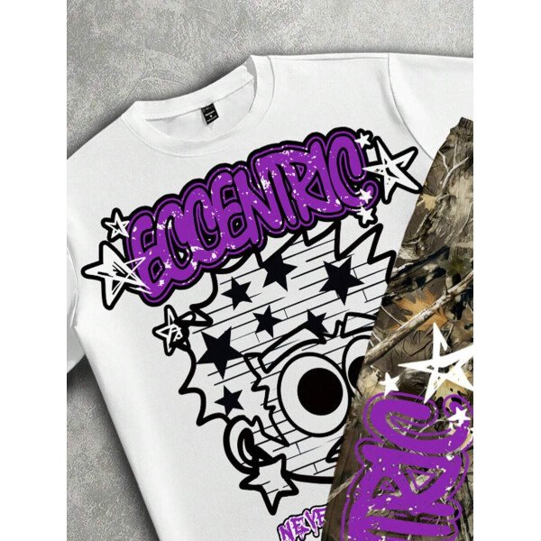 Manfinity ZONE917 Conjunto de camiseta de manga corta y pantalones con estampado de letras y personajes de dibujos animados para hombre, de corte holgado - Imagen 46