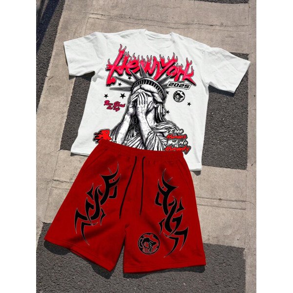 Manfinity EMRG Conjunto de camiseta con estampado de letra y retrato y pantalones cortos con cordón para hombre - Image 6