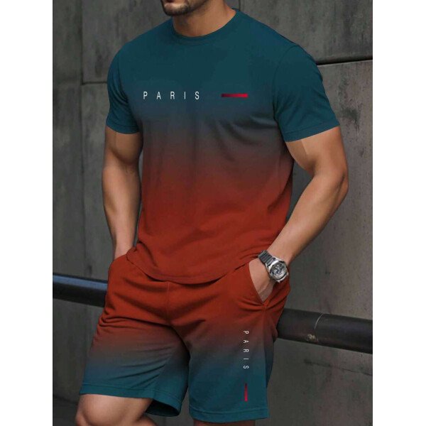 Manfinity Homme Set de 2 piezas de camiseta de manga corta de cuello redondo con estampado de letras y pantalones cortos con cordón en la cintura para hombres - Image 2