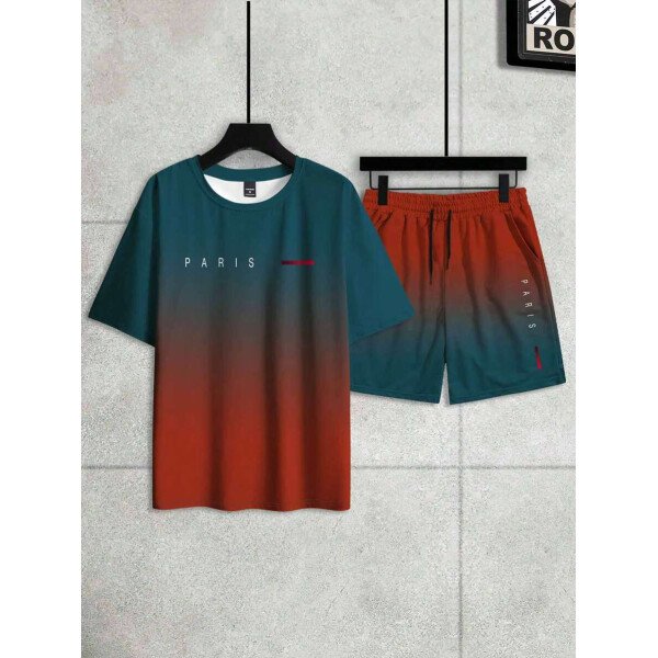 Manfinity Homme Set de 2 piezas de camiseta de manga corta de cuello redondo con estampado de letras y pantalones cortos con cordón en la cintura para hombres - Image 4