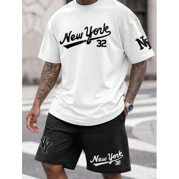 Manfinity Homme Conjunto de 2 piezas para hombres con camiseta de manga corta de cuello redondo con estampado de naipes y pantalones cortos con cordón en la cintura - Imagen 15