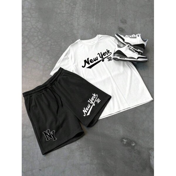 Manfinity Homme Conjunto de 2 piezas para hombres con camiseta de manga corta de cuello redondo con estampado de naipes y pantalones cortos con cordón en la cintura - Imagen 17