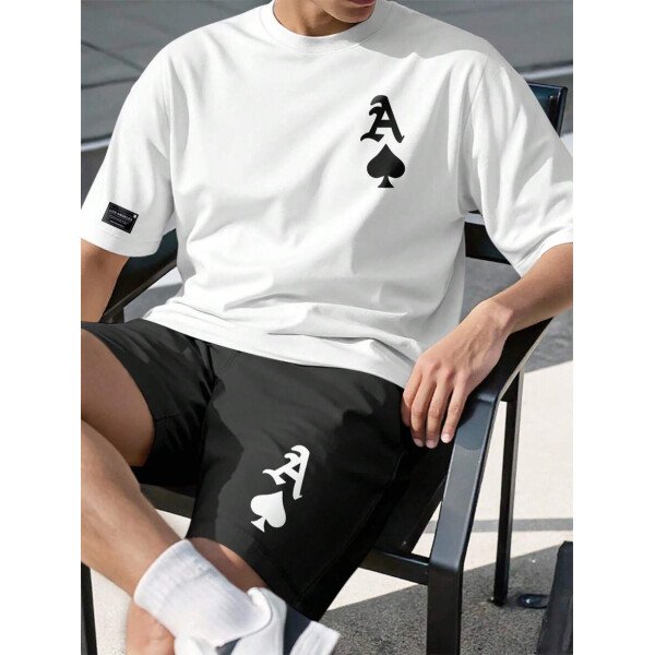 Manfinity Homme Conjunto de 2 piezas para hombres con camiseta de manga corta de cuello redondo con estampado de naipes y pantalones cortos con cordón en la cintura - Imagen 21