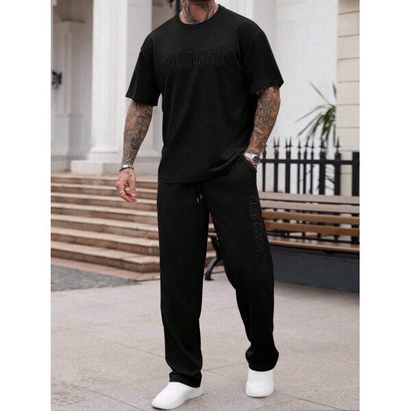 Manfinity Homme Conjunto de camiseta de manga corta casual con estampado de letras en relieve y pantalones largos con cordón en la cintura, para hombre, de verano - Image 4