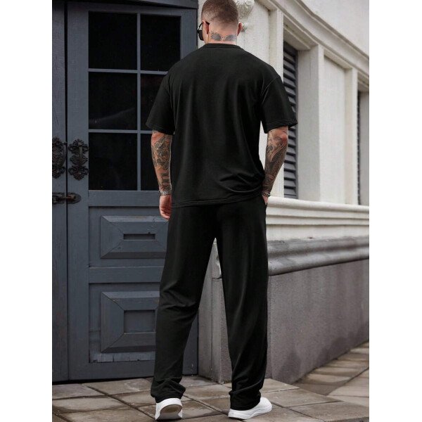 Manfinity Homme Conjunto de camiseta de manga corta casual con estampado de letras en relieve y pantalones largos con cordón en la cintura, para hombre, de verano - Image 6