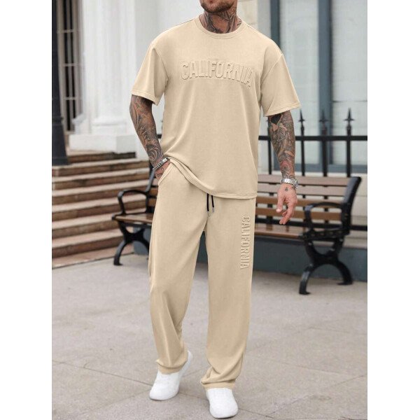 Manfinity Homme Conjunto de camiseta de manga corta casual con estampado de letras en relieve y pantalones largos con cordón en la cintura, para hombre, de verano - Image 7