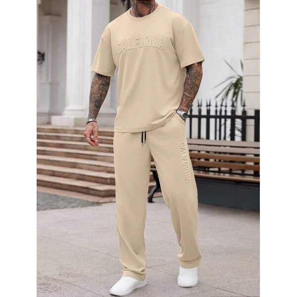 Manfinity Homme Conjunto de camiseta de manga corta casual con estampado de letras en relieve y pantalones largos con cordón en la cintura, para hombre, de verano - Image 9