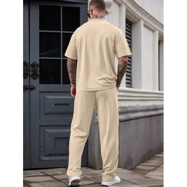 Manfinity Homme Conjunto de camiseta de manga corta casual con estampado de letras en relieve y pantalones largos con cordón en la cintura, para hombre, de verano - Image 11