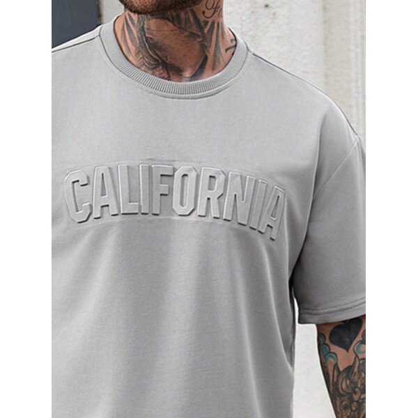 Manfinity Homme Conjunto de camiseta de manga corta casual con estampado de letras en relieve y pantalones largos con cordón en la cintura, para hombre, de verano - Image 13