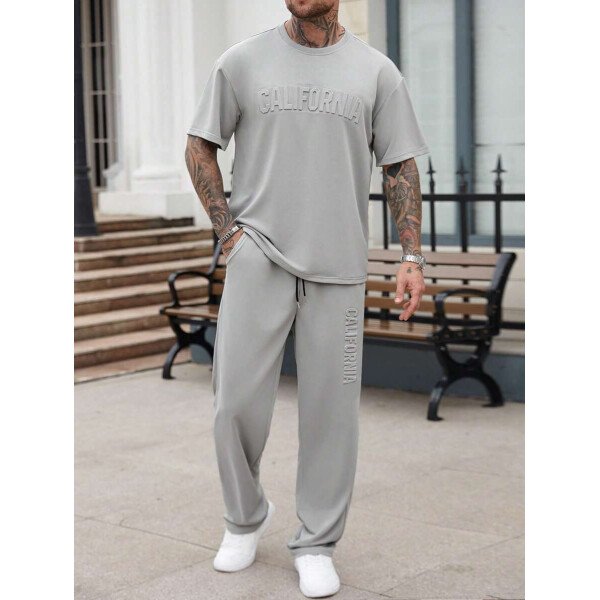Manfinity Homme Conjunto de camiseta de manga corta casual con estampado de letras en relieve y pantalones largos con cordón en la cintura, para hombre, de verano - Image 14
