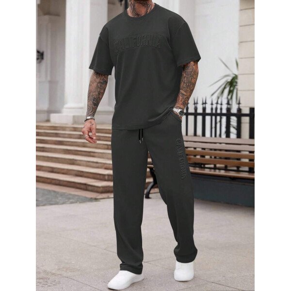 Manfinity Homme Conjunto de camiseta de manga corta casual con estampado de letras en relieve y pantalones largos con cordón en la cintura, para hombre, de verano - Image 19