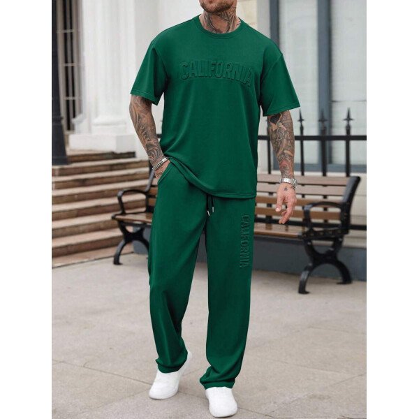 Manfinity Homme Conjunto de camiseta de manga corta casual con estampado de letras en relieve y pantalones largos con cordón en la cintura, para hombre, de verano - Image 22