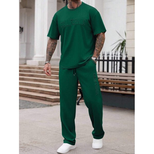 Manfinity Homme Conjunto de camiseta de manga corta casual con estampado de letras en relieve y pantalones largos con cordón en la cintura, para hombre, de verano - Image 24