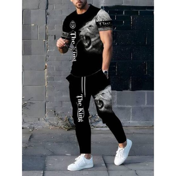 Conjunto deportivo con estampado de león 3D para hombre: equipo de ejercicio de poliéster para todo el año, con camiseta de cuello barco y pantalones a juego, estilo regular, tejido de punto ligeramente elástico, ropa deportiva con estampado animal