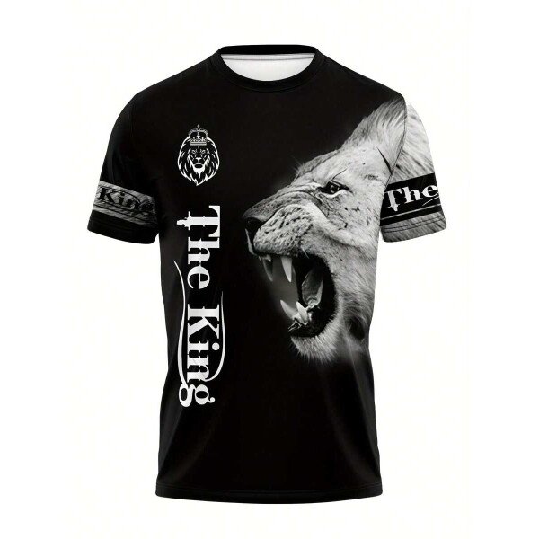 Conjunto deportivo con estampado de león 3D para hombre: equipo de ejercicio de poliéster para todo el año, con camiseta de cuello barco y pantalones a juego, estilo regular, tejido de punto ligeramente elástico, ropa deportiva con estampado animal - Imagen 3