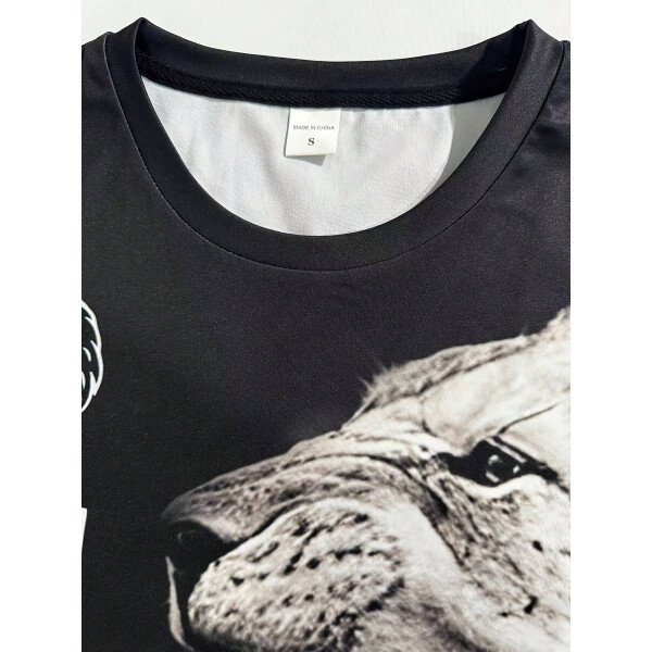 Conjunto deportivo con estampado de león 3D para hombre: equipo de ejercicio de poliéster para todo el año, con camiseta de cuello barco y pantalones a juego, estilo regular, tejido de punto ligeramente elástico, ropa deportiva con estampado animal - Imagen 6