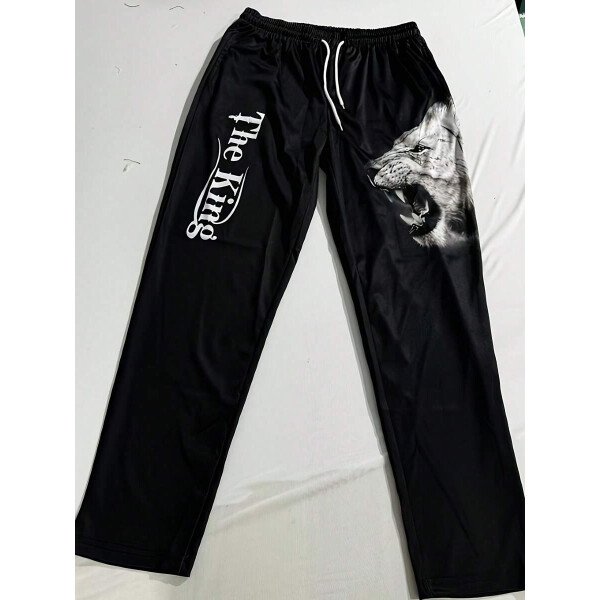 Conjunto deportivo con estampado de león 3D para hombre: equipo de ejercicio de poliéster para todo el año, con camiseta de cuello barco y pantalones a juego, estilo regular, tejido de punto ligeramente elástico, ropa deportiva con estampado animal - Imagen 7