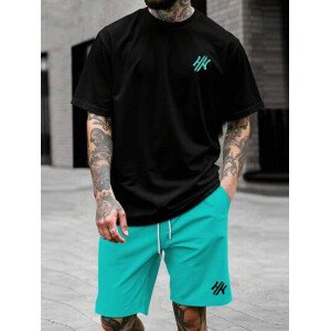 Manfinity CasualCool Conjunto de camiseta de manga corta de cuello redondo con estampado y pantalones cortos casuales de verano para hombres, conjunto de ropa de verano para hombres
