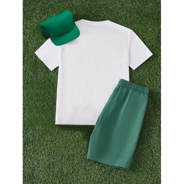 Manfinity CasualCool Conjunto de camiseta de manga corta de cuello redondo con estampado y pantalones cortos casuales de verano para hombres, conjunto de ropa de verano para hombres - Imagen 3