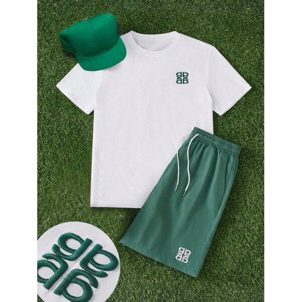 Manfinity CasualCool Conjunto de camiseta de manga corta de cuello redondo con estampado y pantalones cortos casuales de verano para hombres, conjunto de ropa de verano para hombres - Imagen 4