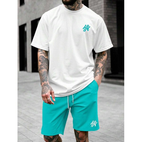 Manfinity CasualCool Conjunto de camiseta de manga corta de cuello redondo con estampado y pantalones cortos casuales de verano para hombres, conjunto de ropa de verano para hombres - Imagen 10