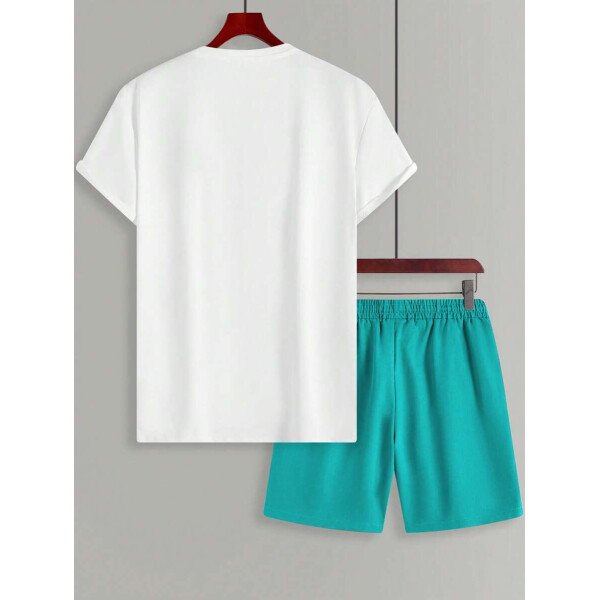 Manfinity CasualCool Conjunto de camiseta de manga corta de cuello redondo con estampado y pantalones cortos casuales de verano para hombres, conjunto de ropa de verano para hombres - Imagen 11