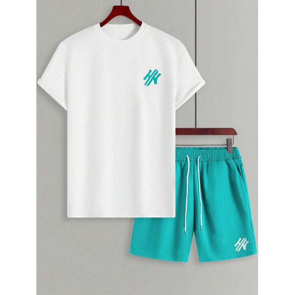 Manfinity CasualCool Conjunto de camiseta de manga corta de cuello redondo con estampado y pantalones cortos casuales de verano para hombres, conjunto de ropa de verano para hombres - Imagen 12