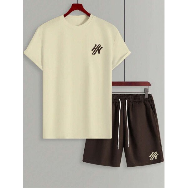 Manfinity CasualCool Conjunto de camiseta de manga corta de cuello redondo con estampado y pantalones cortos casuales de verano para hombres, conjunto de ropa de verano para hombres - Imagen 18