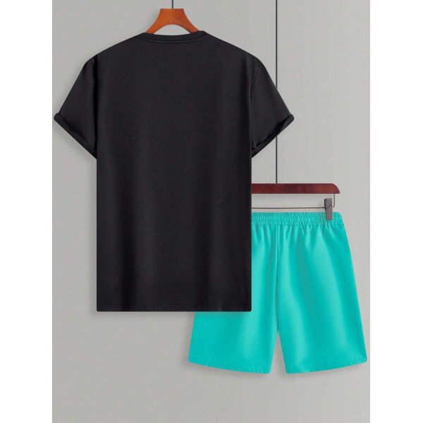 Manfinity CasualCool Conjunto de camiseta de manga corta de cuello redondo con estampado y pantalones cortos casuales de verano para hombres, conjunto de ropa de verano para hombres - Imagen 23
