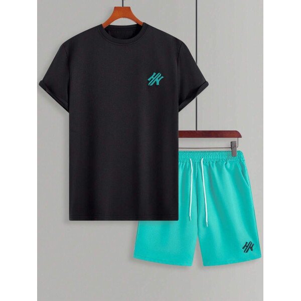 Manfinity CasualCool Conjunto de camiseta de manga corta de cuello redondo con estampado y pantalones cortos casuales de verano para hombres, conjunto de ropa de verano para hombres - Imagen 24