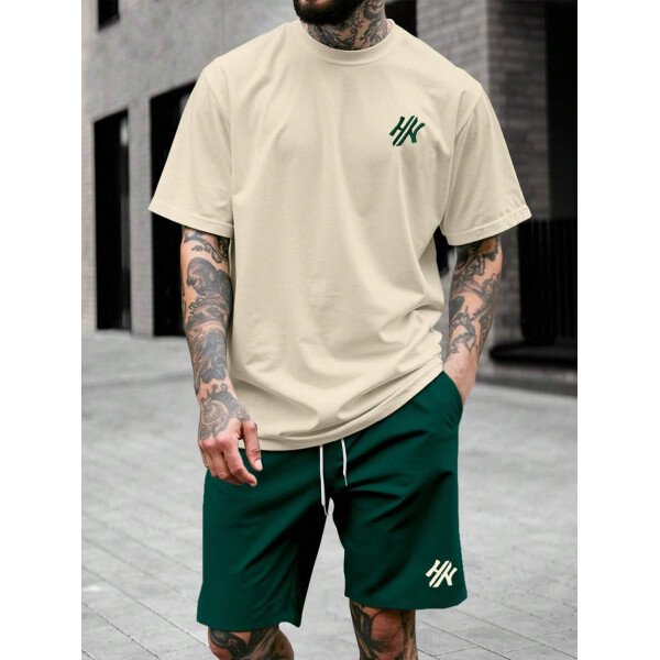 Manfinity CasualCool Conjunto de camiseta de manga corta de cuello redondo con estampado y pantalones cortos casuales de verano para hombres, conjunto de ropa de verano para hombres - Imagen 27