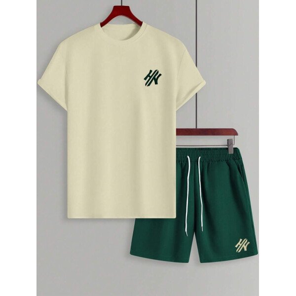 Manfinity CasualCool Conjunto de camiseta de manga corta de cuello redondo con estampado y pantalones cortos casuales de verano para hombres, conjunto de ropa de verano para hombres - Imagen 29