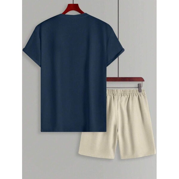 Manfinity CasualCool Conjunto de camiseta de manga corta de cuello redondo con estampado y pantalones cortos casuales de verano para hombres, conjunto de ropa de verano para hombres - Imagen 33