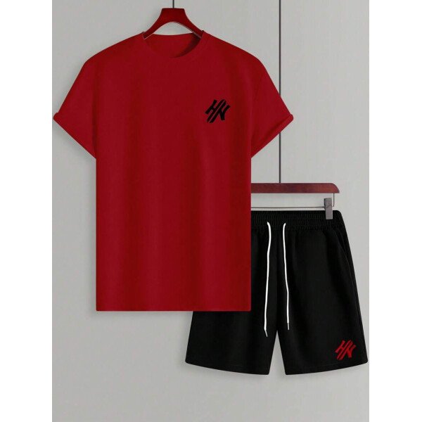 Manfinity CasualCool Conjunto de camiseta de manga corta de cuello redondo con estampado y pantalones cortos casuales de verano para hombres, conjunto de ropa de verano para hombres - Imagen 39