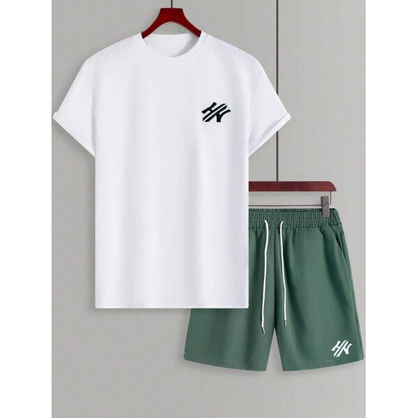 Manfinity CasualCool Conjunto de camiseta de manga corta de cuello redondo con estampado y pantalones cortos casuales de verano para hombres, conjunto de ropa de verano para hombres - Imagen 44
