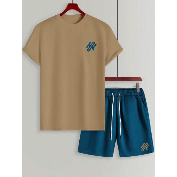 Manfinity CasualCool Conjunto de camiseta de manga corta de cuello redondo con estampado y pantalones cortos casuales de verano para hombres, conjunto de ropa de verano para hombres - Imagen 52