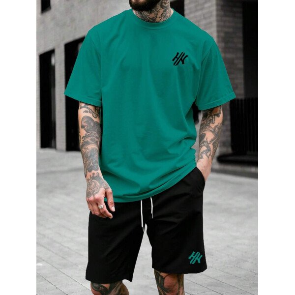 Manfinity CasualCool Conjunto de camiseta de manga corta de cuello redondo con estampado y pantalones cortos casuales de verano para hombres, conjunto de ropa de verano para hombres - Imagen 59