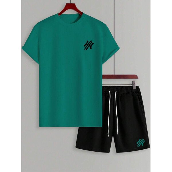 Manfinity CasualCool Conjunto de camiseta de manga corta de cuello redondo con estampado y pantalones cortos casuales de verano para hombres, conjunto de ropa de verano para hombres - Imagen 61
