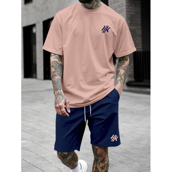 Manfinity CasualCool Conjunto de camiseta de manga corta de cuello redondo con estampado y pantalones cortos casuales de verano para hombres, conjunto de ropa de verano para hombres - Imagen 64