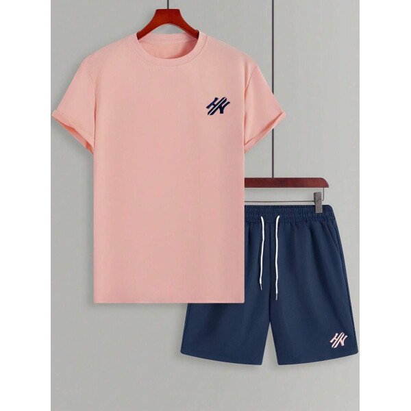 Manfinity CasualCool Conjunto de camiseta de manga corta de cuello redondo con estampado y pantalones cortos casuales de verano para hombres, conjunto de ropa de verano para hombres - Imagen 66
