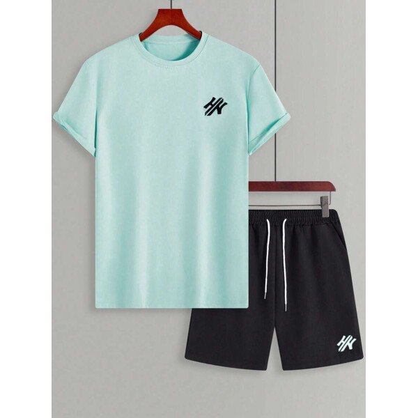 Manfinity CasualCool Conjunto de camiseta de manga corta de cuello redondo con estampado y pantalones cortos casuales de verano para hombres, conjunto de ropa de verano para hombres - Imagen 71