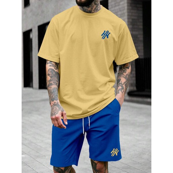 Manfinity CasualCool Conjunto de camiseta de manga corta de cuello redondo con estampado y pantalones cortos casuales de verano para hombres, conjunto de ropa de verano para hombres - Imagen 74