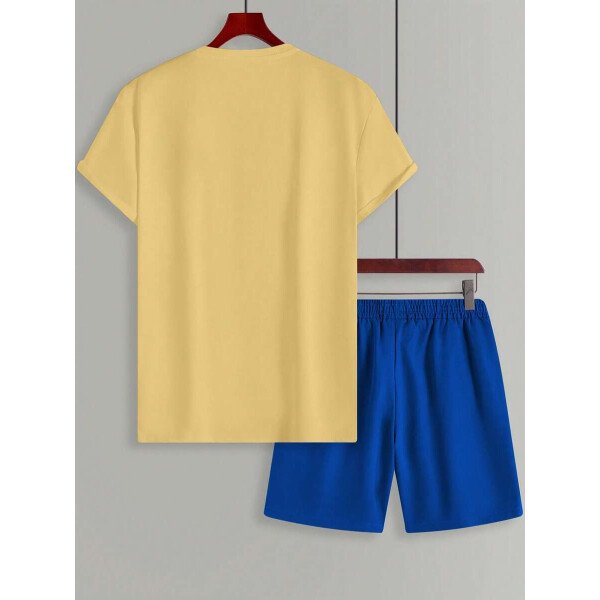 Manfinity CasualCool Conjunto de camiseta de manga corta de cuello redondo con estampado y pantalones cortos casuales de verano para hombres, conjunto de ropa de verano para hombres - Imagen 75