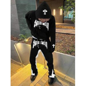 Set de 2 piezas Ropa urbana casual de hombre Y2K: sudadera con capucha y pantalón de chándal con estampado de letras, otoño