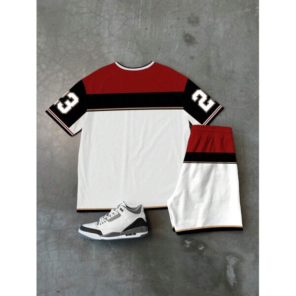 Manfinity Sporsity Conjunto de camiseta de cuello en V y pantalones cortos para hombre, elegante para el verano, 2 piezas - Imagen 3