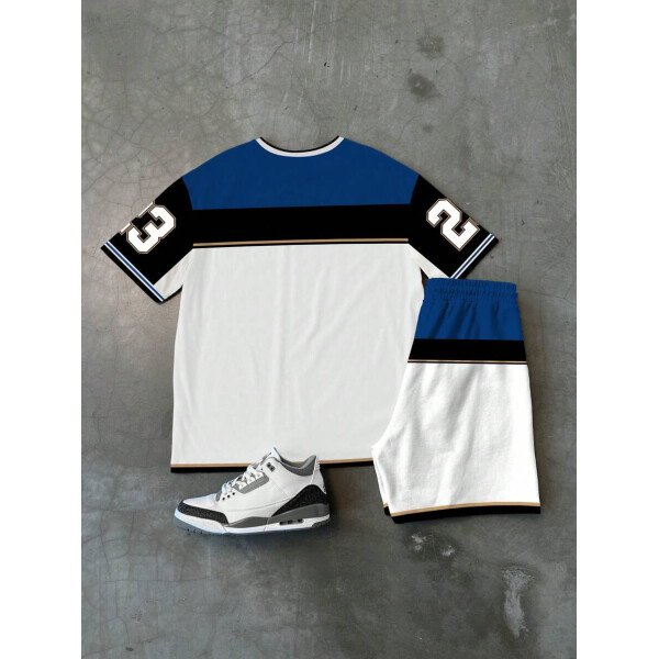 Manfinity Sporsity Conjunto de camiseta de cuello en V y pantalones cortos para hombre, elegante para el verano, 2 piezas - Imagen 7