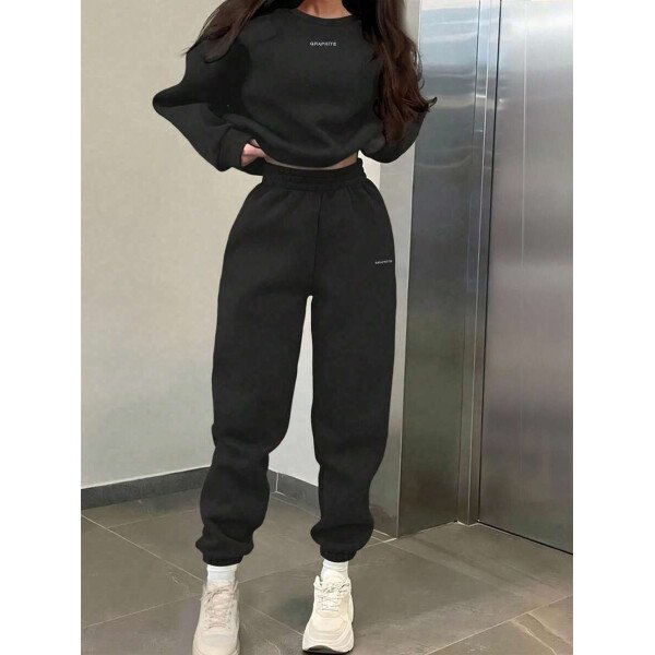 INAWLY Set de 2 piezas de sudadera y pantalón de chándal casual con impresión de letras para mujer - Image 2